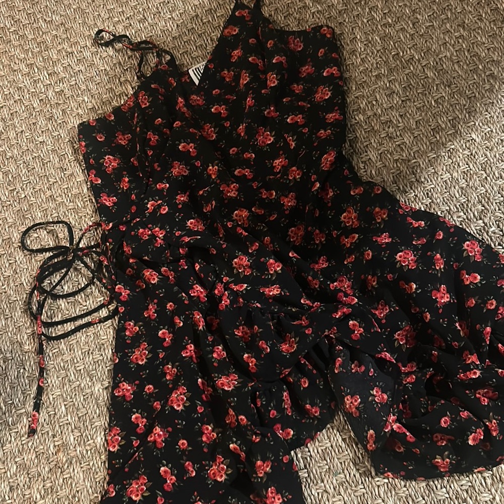 Free People Black Rose Floral Wrap Skinny Strap Dress‎
